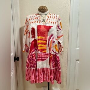 Parsley & Sage White Dress with Pink, Red & Orange Abstract Print